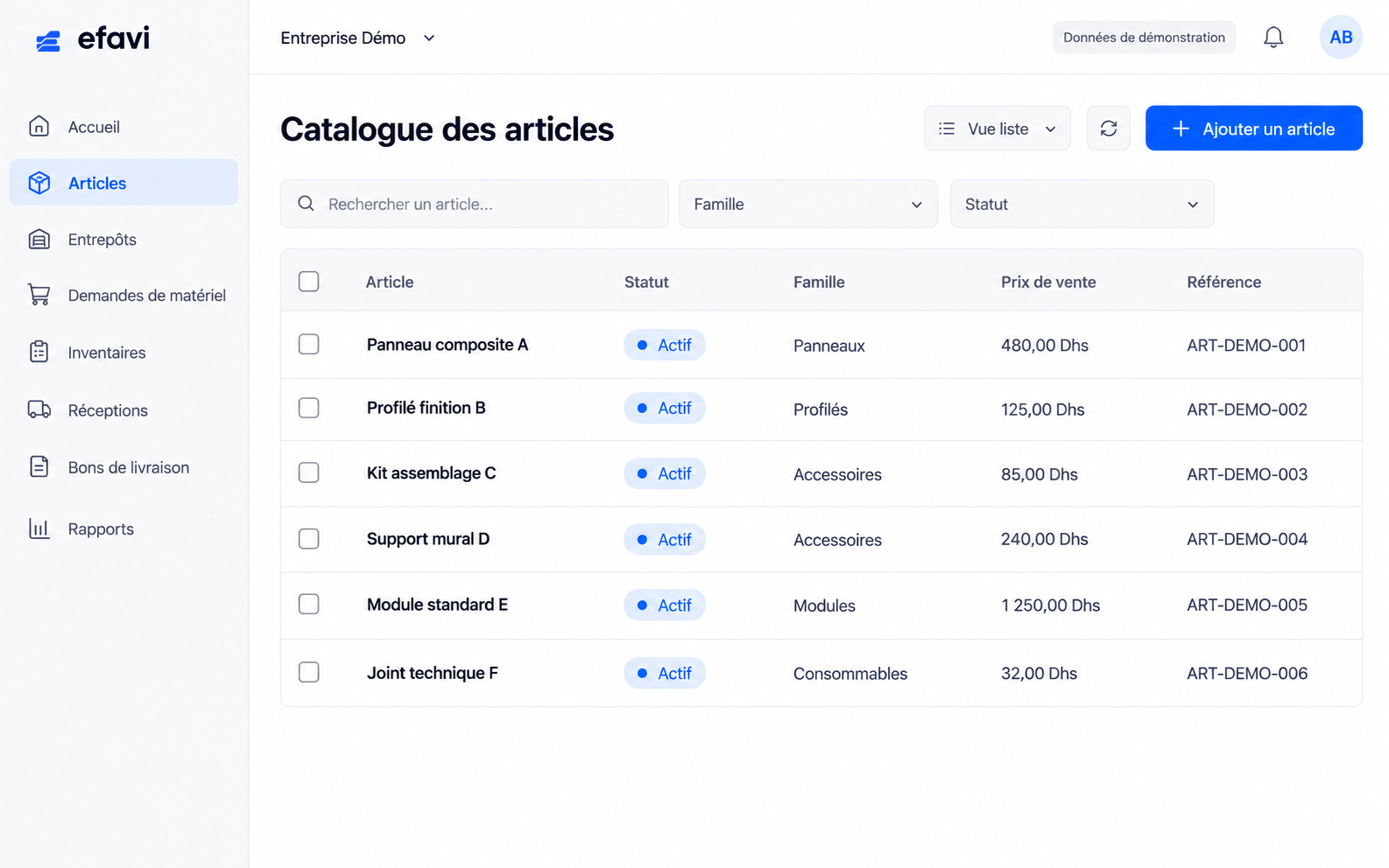 Catalogue de six articles fictifs avec familles, références de démonstration et prix en Dhs.