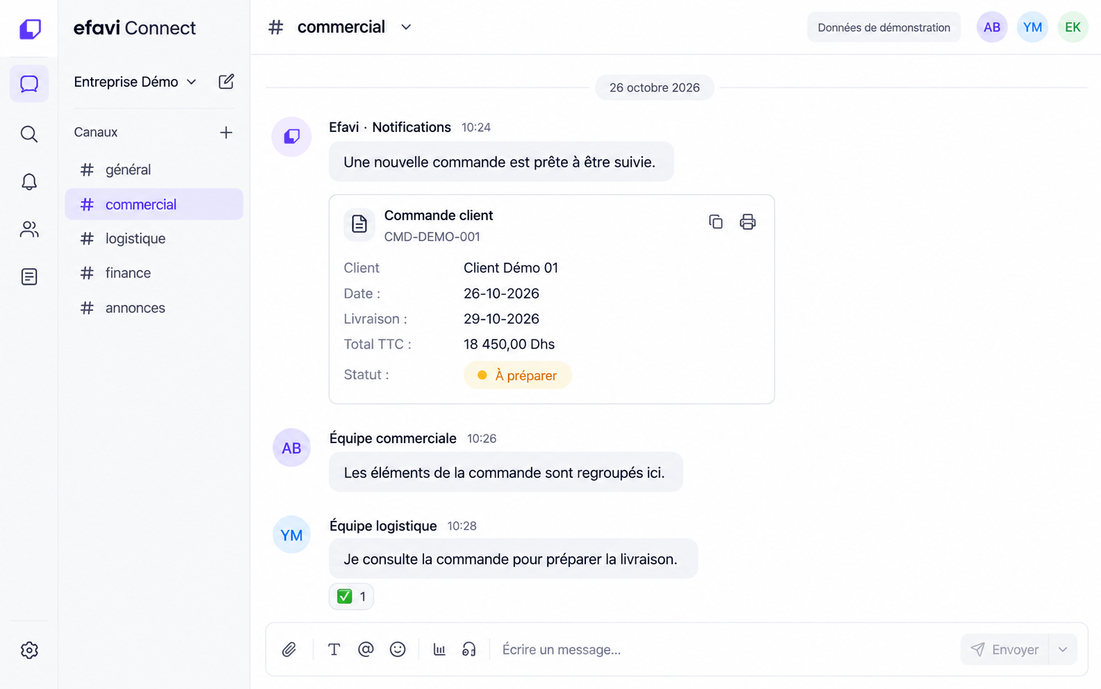 Conversation de démonstration autour de la commande CMD-DEMO-001, pour un montant fictif de 18 450 Dhs.